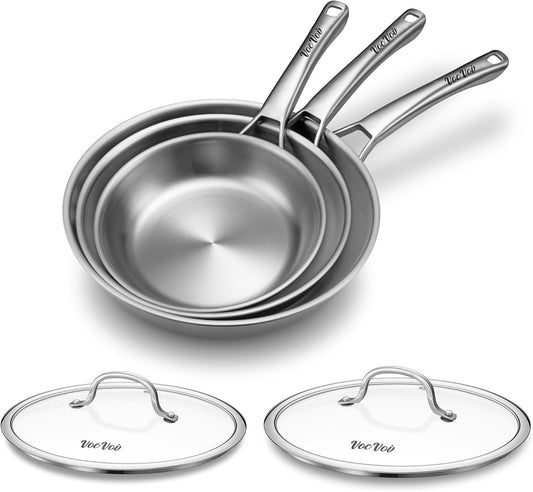 Tri-Ply Stainless Steel Frying Pans Set with Lid,PFOA&PTFE Free Skillets,Chef's Pan Set(8+10+12inch) Frying Pans for cooking,Induction Cookware Sets,Dishwasher and Oven Safe Kitchen set
