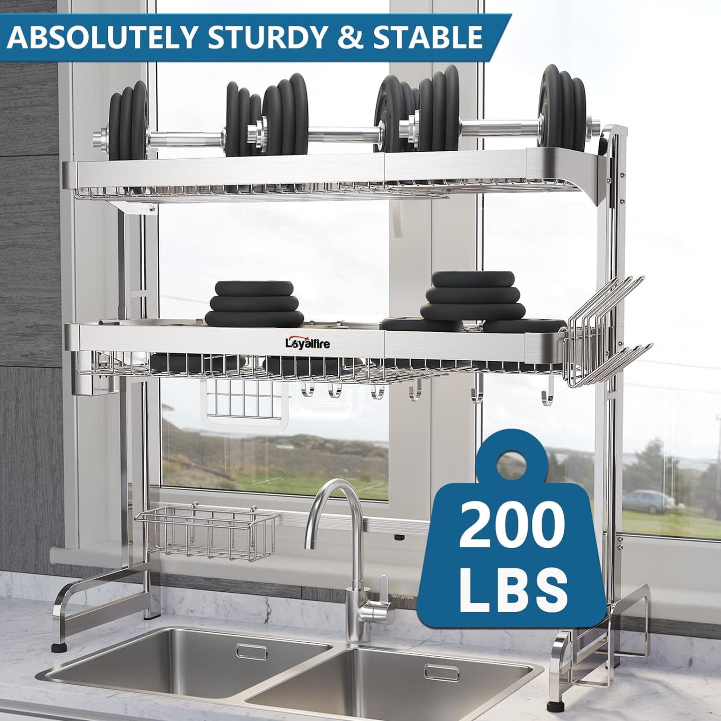 Over Sink Dish Drying Rack, 3 Tier Adjustable Length (20.87'' to 37.6'') Full Stainless Steel Large Storage Kitchen Dish Rack, Expandable Drainer Shelf Rack with Multifunctional Organizers