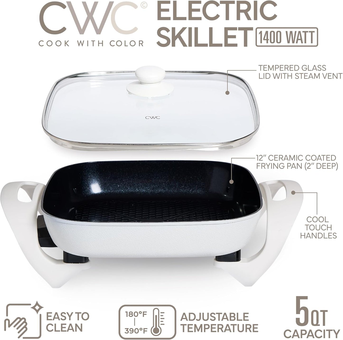 COOK WITH COLOR Electric Skillet - 12" x 12" Ceramic Nonstick Pan, PFAS-Free, 1400W, Tempered Glass Lid, Variable Temperature, Removable Heating Probe, Cool-Touch Handles, Cream