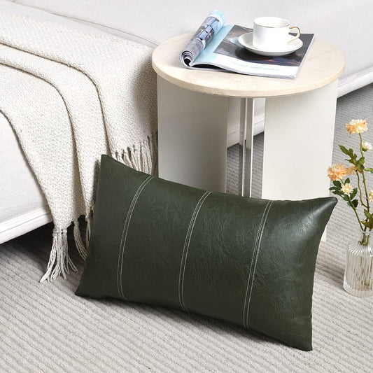 Fancy Homi Dark Green Long Lumbar Faux Leather Decorative Throw Pillow Covers 12x24 Inch for Living Room Couch Bed, Modern Farmhouse Boho Home Decor, Olive Green Hand Stitched Cushion Case 30x60 cm