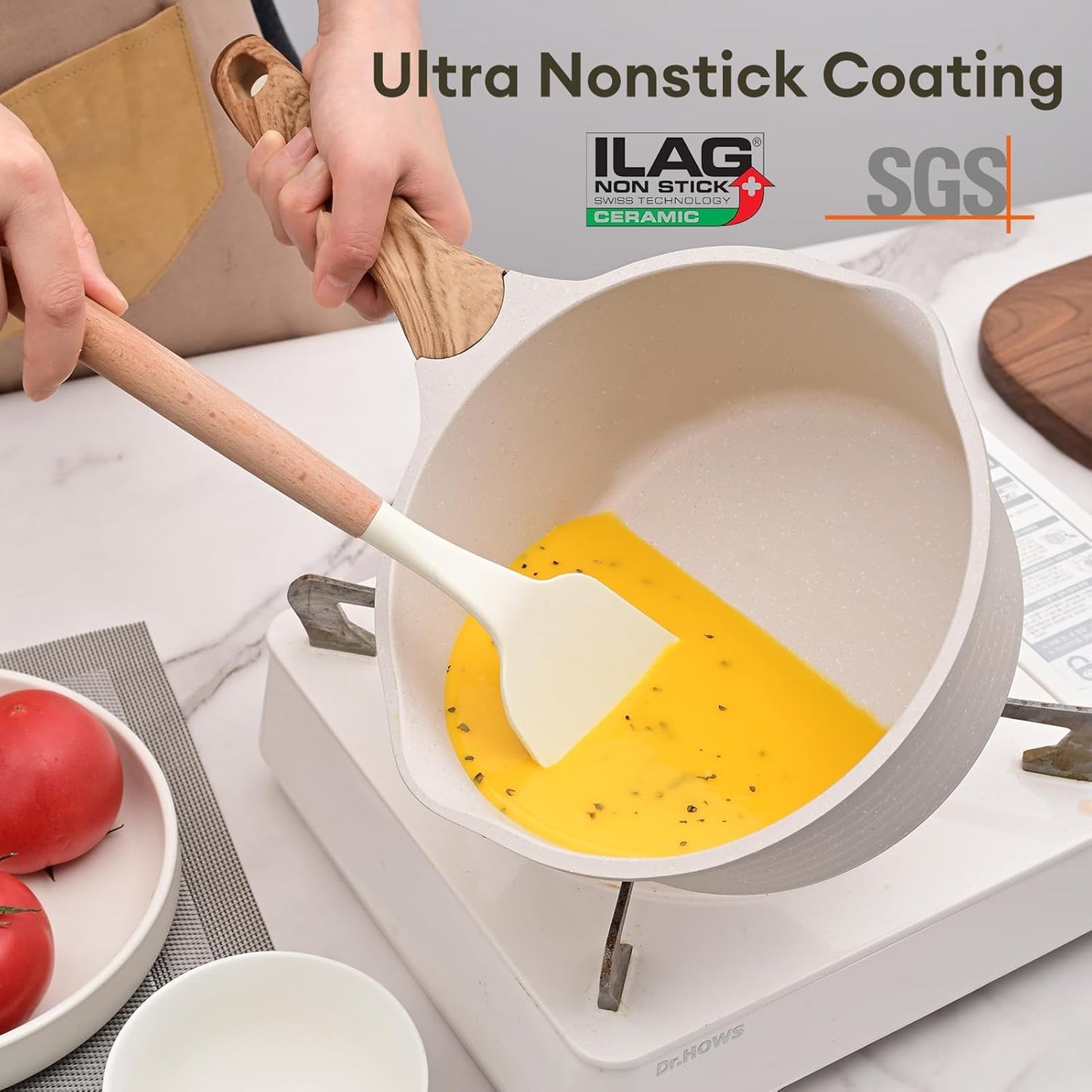 JEETEE 1.5 Quart Saucepan with Lid Nonstick Stone Coating Sauce Pan Milk Pan for Cooking Inudction Pot(Beige)