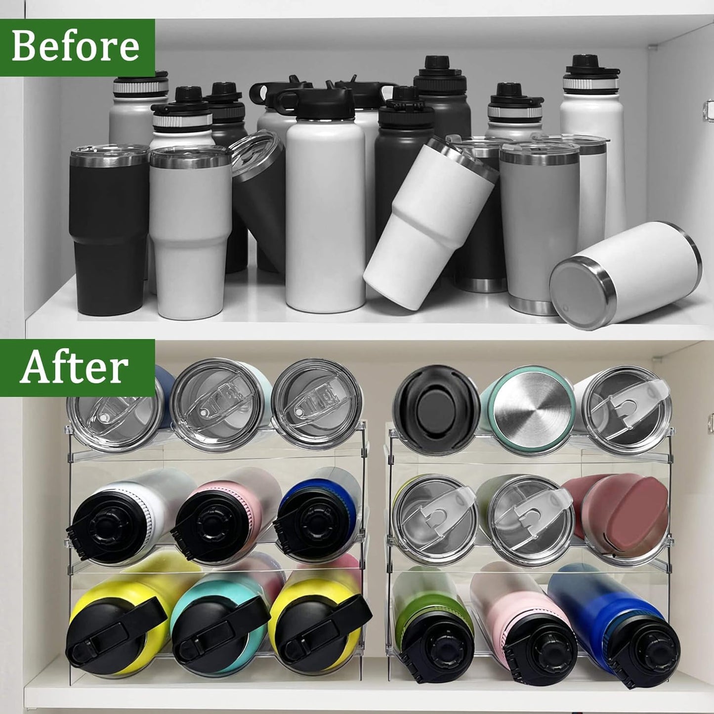 3 Pack Water Bottle Organizer, Stackable Kitchen Home Organization and Storage Rack, Plastic Cup Storage Organizer for Kitchen Cabinet Cupboard Organizer and Storage Cup Rack for Counter