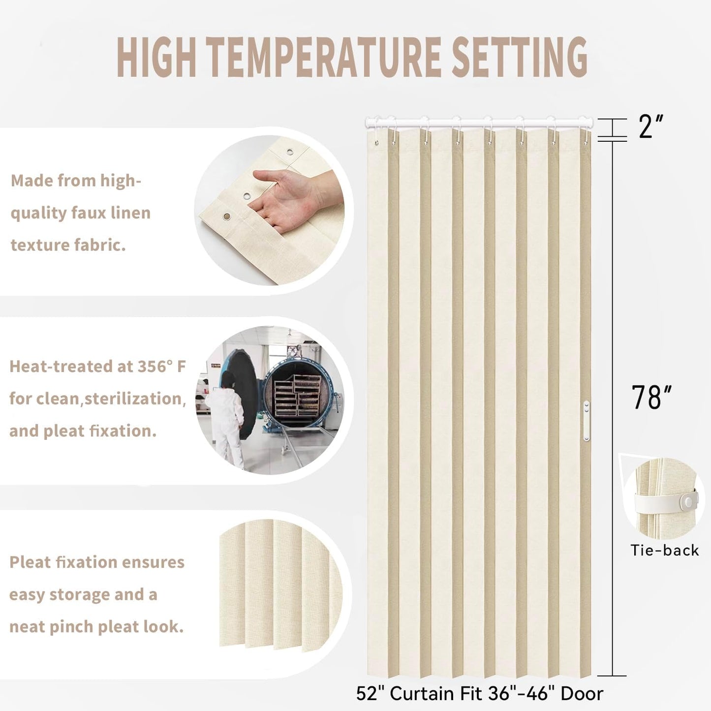Vatge Closet Curtains for Bedroom Closet Door, Sliding Door Curtains for Doorways Privacy, 1 Panel with Tieback, W52 x L78, Butter Cream