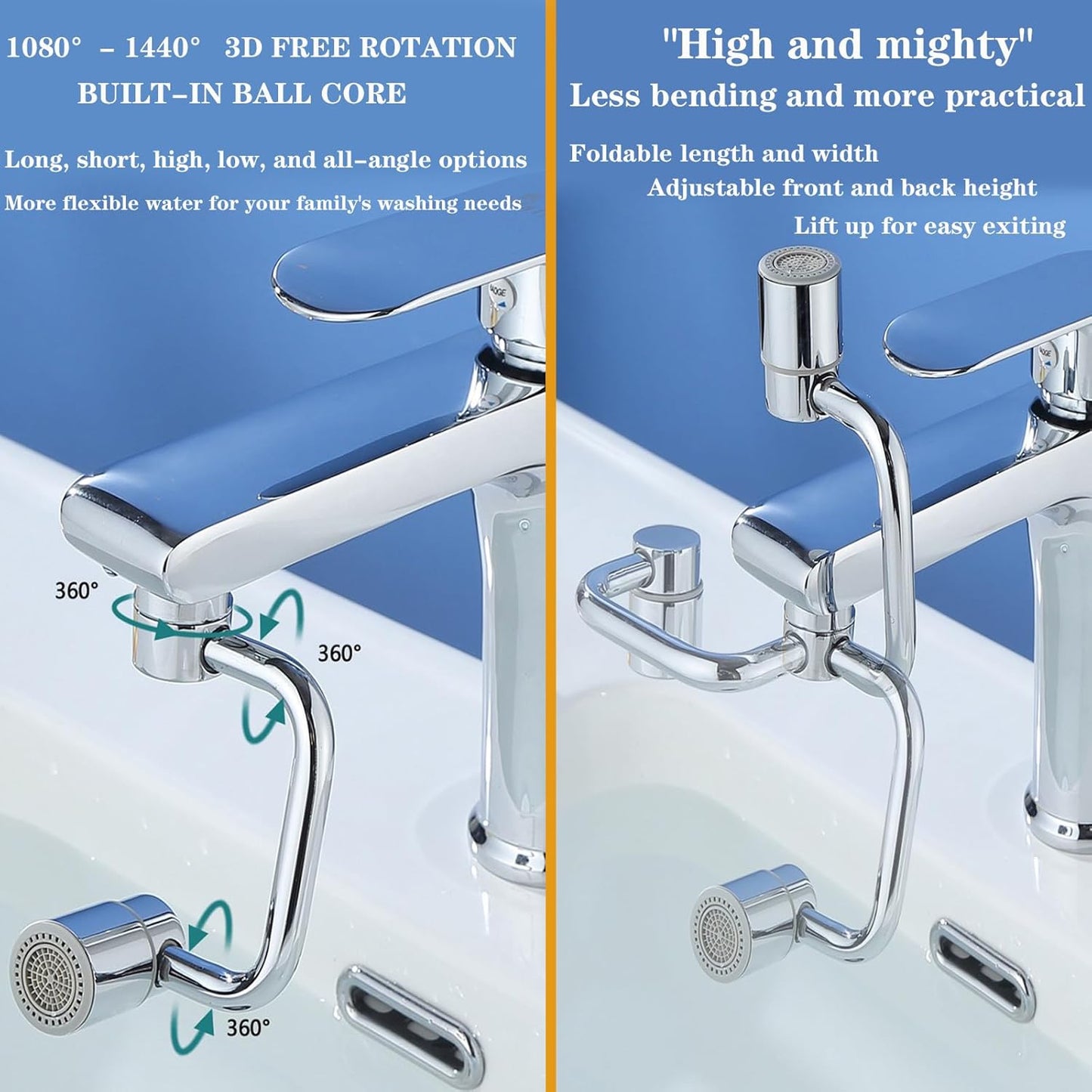 Universal Sink Faucet 1440° Rotatable Faucet Aerator Extension, U Shaped Faucet Extender for Toddlers, Flexiflow 1080° Rotating Faucet Extender for Bathroom Sink/Kitchen, 2 Modes Adjustable (2*Silver)