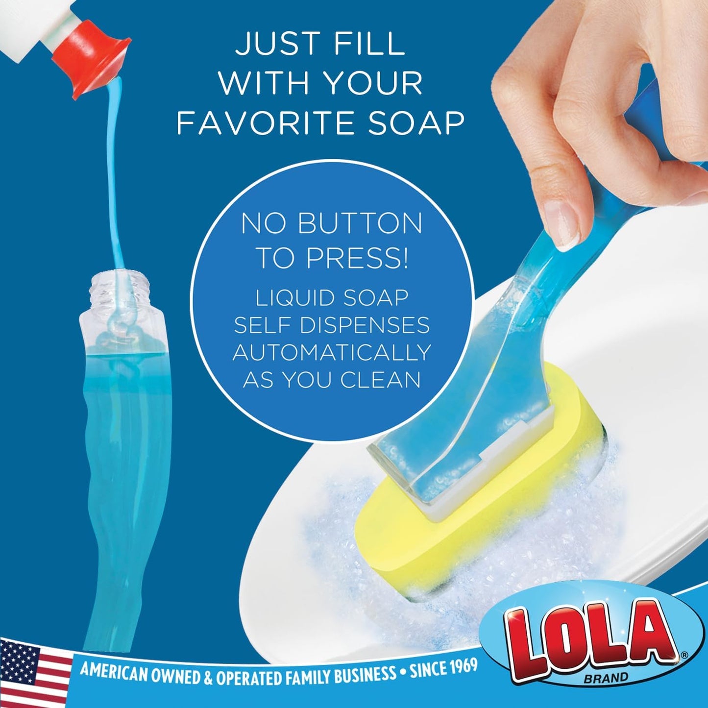 LOLA Dish Brush w/Soap Dispenser Wand, 12 Brush w/Heads & 72 Refills, Absorbent Sponge Scrubber, No Leaking. Clean Dishes, Sinks and Cookware