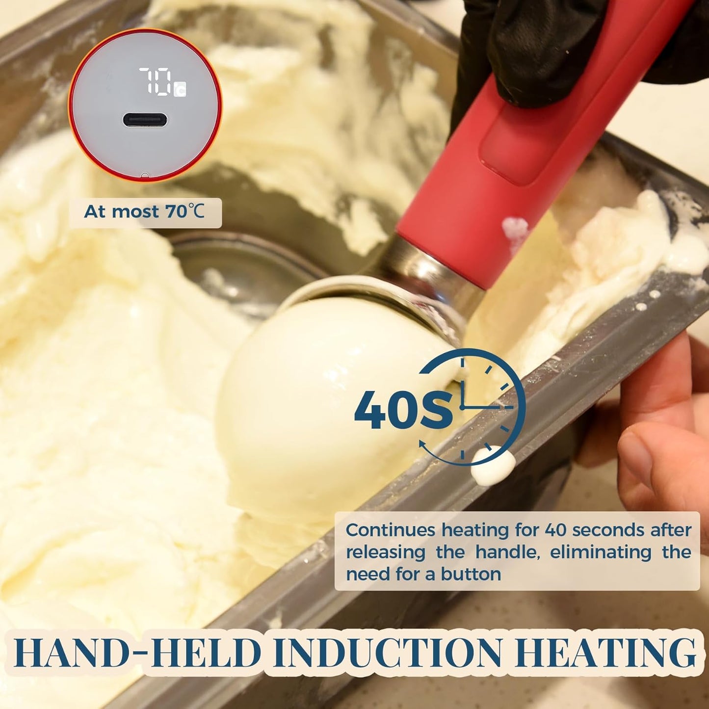Heated Ice Cream Scoop Rechargeable, Electric Warming Ice Cream Scooper with LED Display, Heats to 158°F for Hard Ice Cream, IP67 Waterproof (Red, 2 oz)