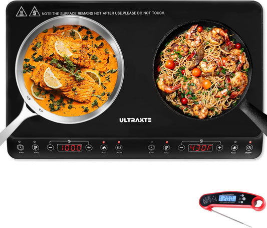 Double Induction Cooktop, ULTRAKTE Portable Dual Countertop Burner with Sensor Touch, 1800W Induction Cooktop 2 Burner, Electric Countertop Cooker with 10 Temp & Power Levels, 8-Hour Timer,Safety Lock