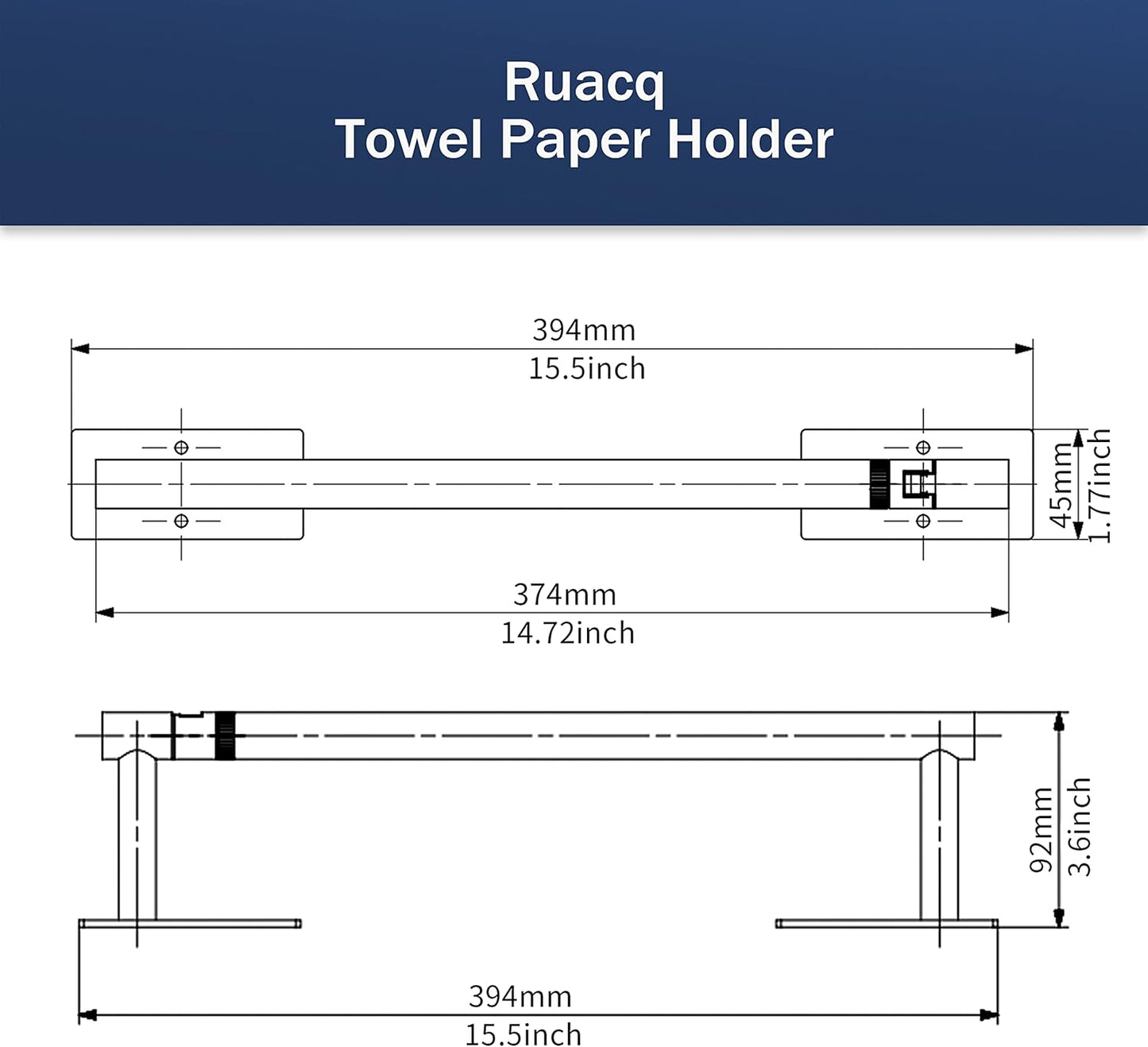 Ruacq Matte Black Paper Towel Holder Double Post Pivoting Square Base Under Cabinet Paper Towel Holder for Kitchen Self-Adhesive or Drill mounting