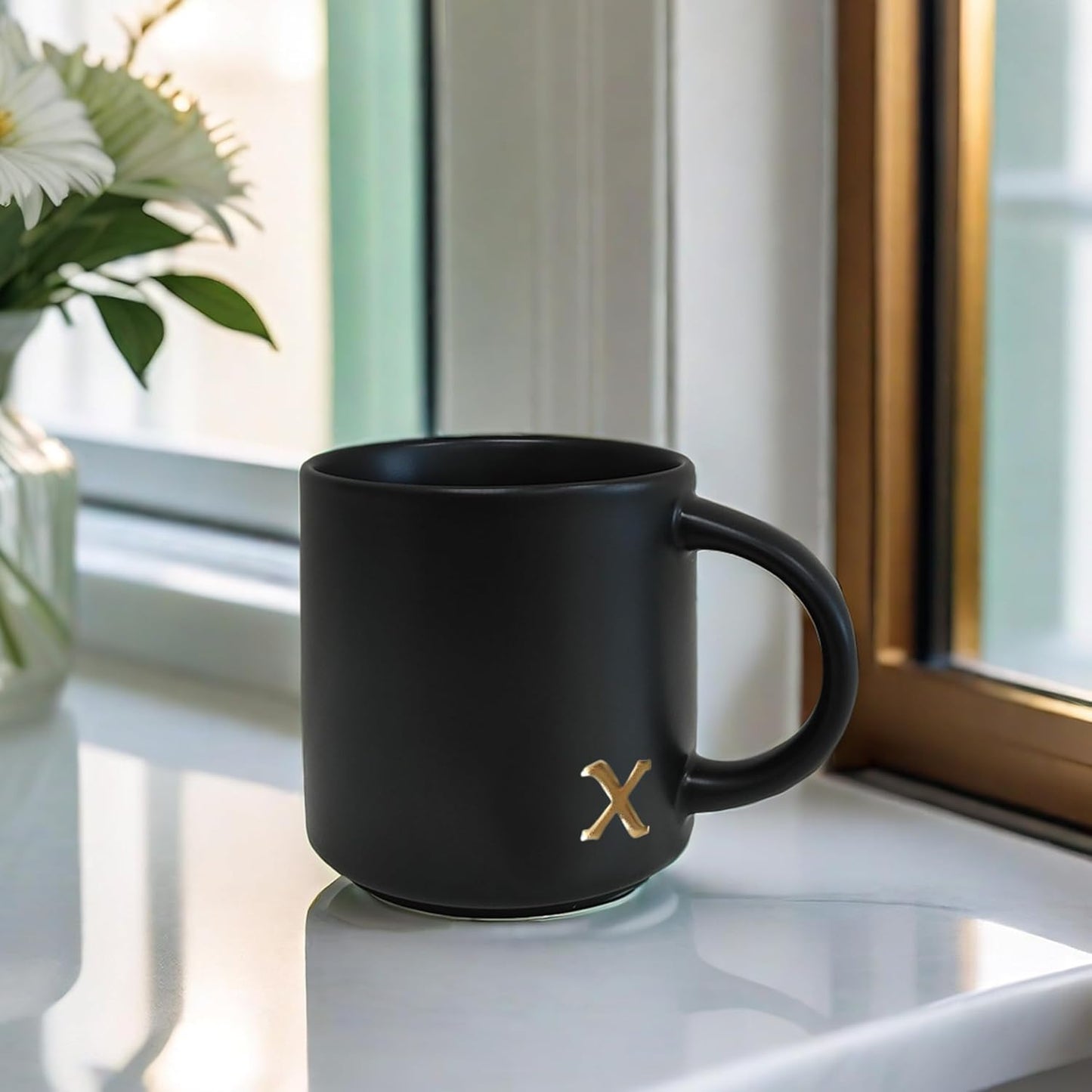 COLLECTIVE HOME - Black Monogram Ceramic Mugs, 15 oz Golden Initial Coffee Cups, Elegant Alphabet Tea Mugs, Personalized Halloween Mug with Gift Box, Perfect for Office and Home Décor (x)