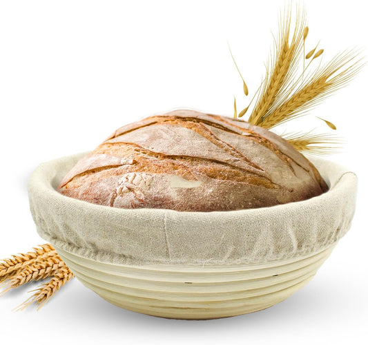 Banneton Bread Proofing Basket Sourdough Proofing Basket for Beginner & Professional Bakers, Handwoven Rattan Cane Bread Maker with Linen for Artisan Breads, 10 x 3.5 In, 2-Pound Round Brotform