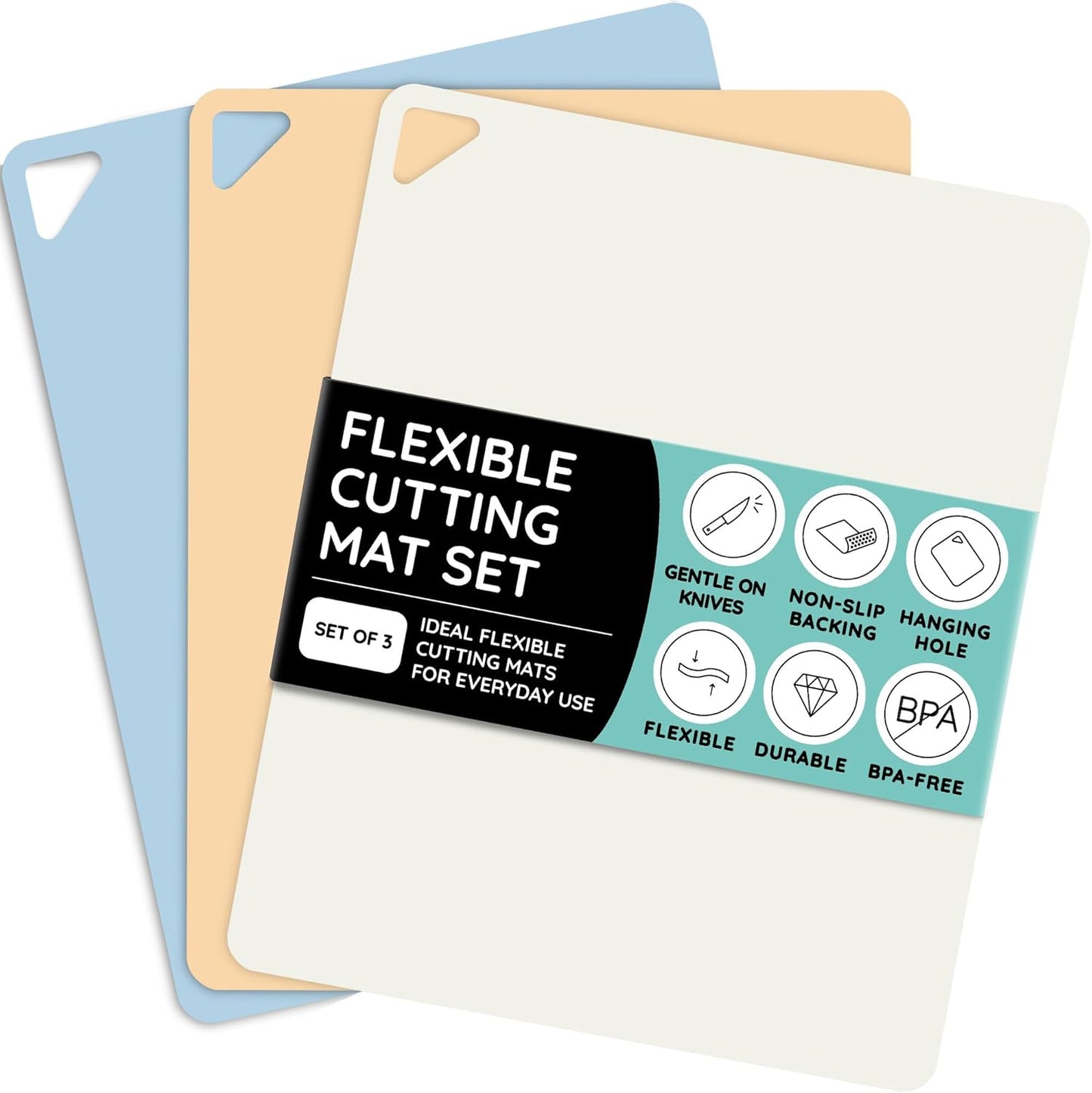 Extra Thick Flexible Cutting Boards for Kitchen, Cutting Mats for Cooking, Colored Cutting Mat Set, Non-Slip Cutting Sheets, Flexible Plastic Cutting Board Set of 3, Serving Utensils 15"x12"