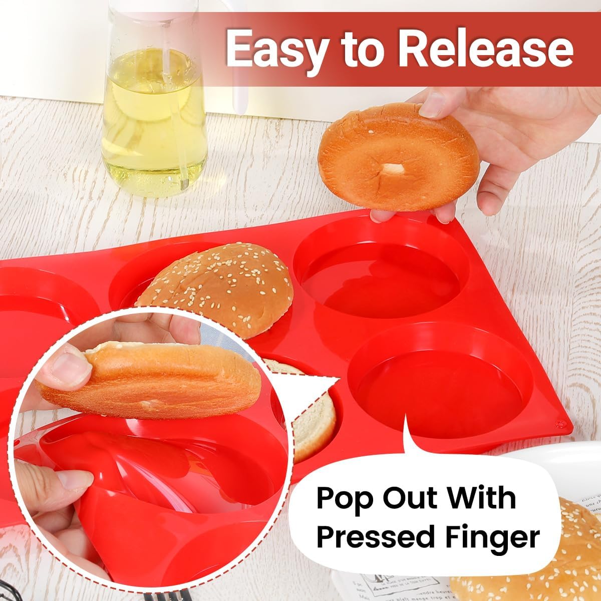 CAKETIME 4 Inch Muffin Top Pan, Silicone Egg Molds for Breakfast Sandwiches Jumbo Round Baking Pan for Oven English muffins, Whoopie Pies, Corn Bread, Egg bites, Tarts 4 Pack Red