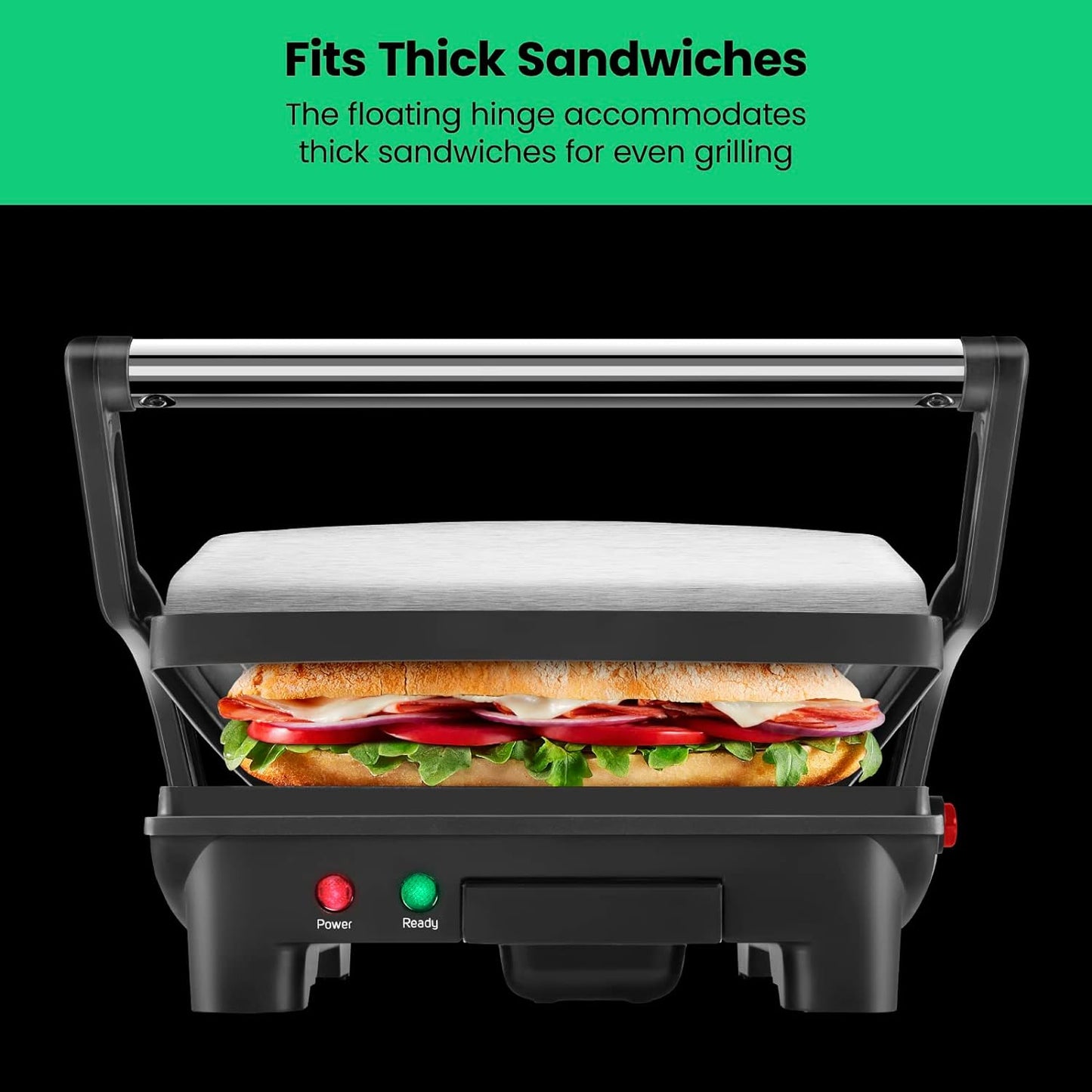 Chefman Panini Press Grill and Gourmet Sandwich Maker Non-Stick Coated Plates, Opens 180 Degrees to Fit Any Type or Size of Food, Stainless Steel Surface and Removable Drip Tray, 4 Slice, Black
