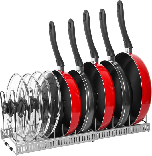 Expandable Pot & Pan Organizer - Grey Cabinet Rack with 10 Adjustable Compartments for Cookware, Baking & Frying Pans