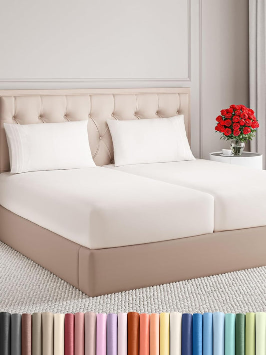 Split King Size 5 Piece Sheet Set - Comfy Breathable & Cooling Bed Sheets Set - Hotel Luxury Bedding for Women, Men, Kids, Teens, Boys & Girls - Deep Pockets & Wrinkle Free - Oeko-Tex - Antique White