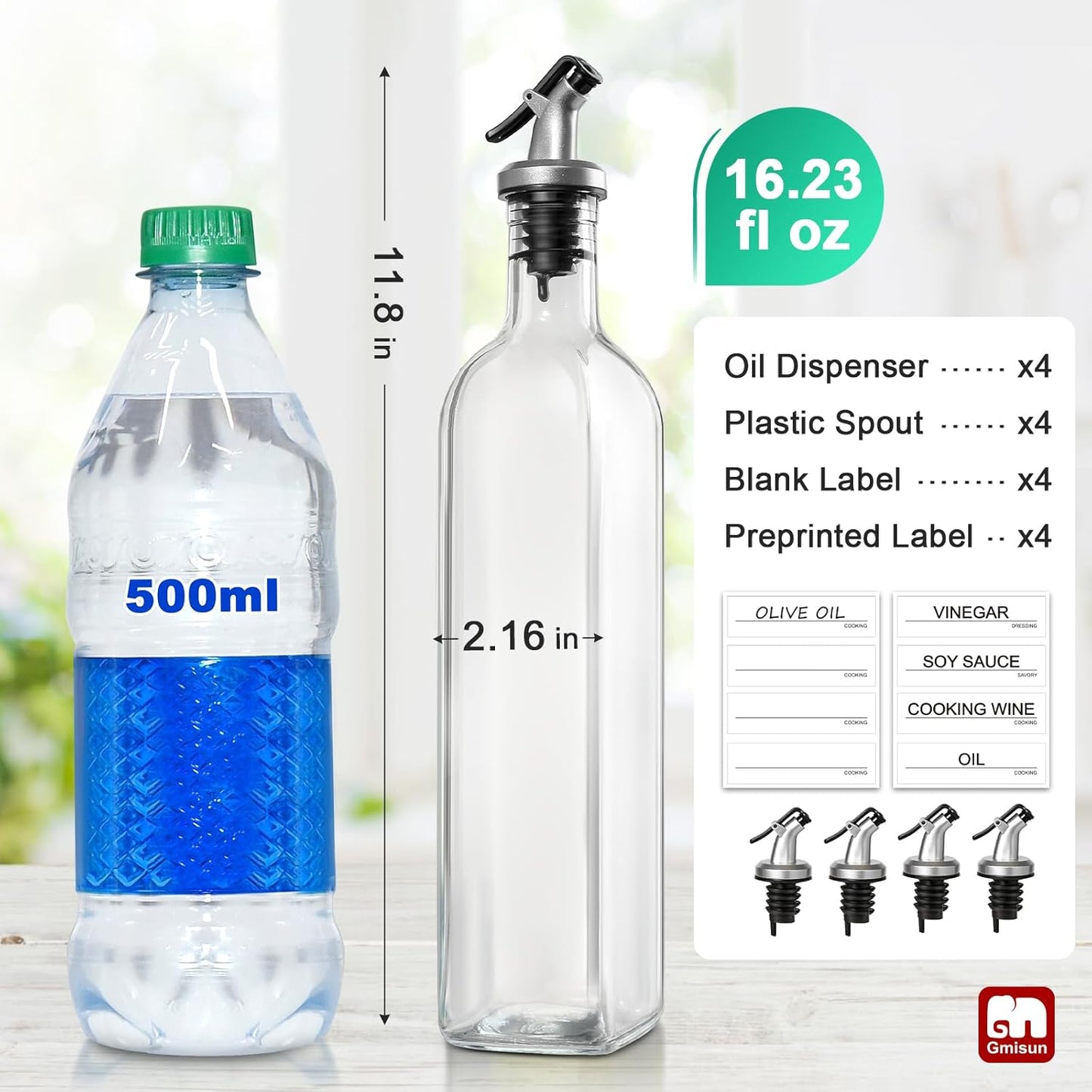 GMISUN Olive Oil Dispenser for Kitchen 4 Pack, Glass Oil Dispenser Bottle 17 fl oz, Cooking Soy Sauce Bottle Container Cruet with Plastic Pourer Spout, Funnel and Labels, Clear
