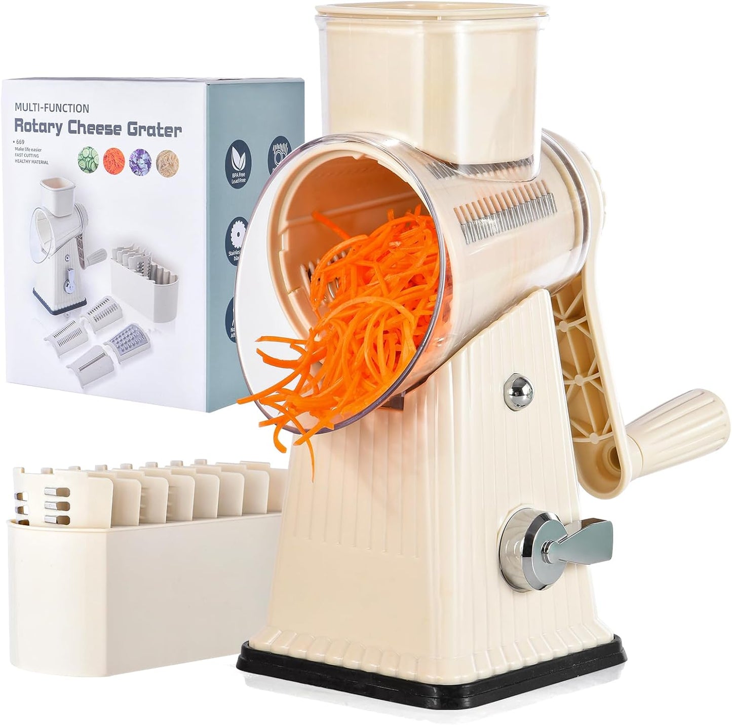 RotaryCheese Grater,VegetableShredder 5 in 1 Cheese Grater with HandleedderReinforcedSuction,EasytoClean,KitchenChopperforCrushedIce,Fruits and Nuts with Blade Storage Case（White