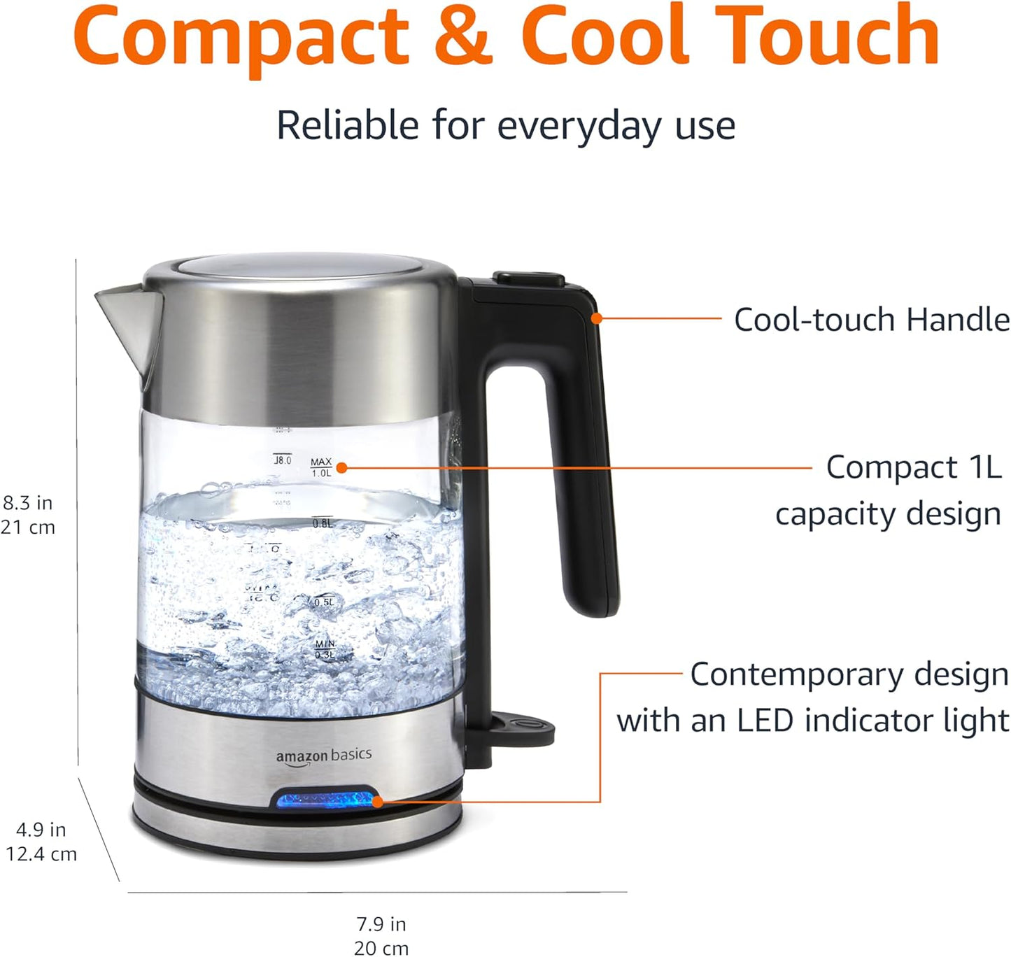 Amazon Basics Electric Kettle with Glass Carafe for Tea and Coffee, BPA-Free, Fast Boiling, Auto Shut-Off, 1 liter , 1500W, Glass and Steel