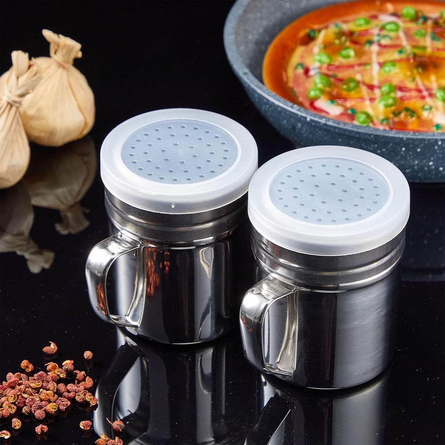 Lallisa 6 Pcs 10oz Stainless Steel Salt and Pepper Shakers with Lid and Handle Dredge Spice Seasoning Condiment Popcorn Salt Shaker Powder Sugar Flour for Cooking Kitchen Baking