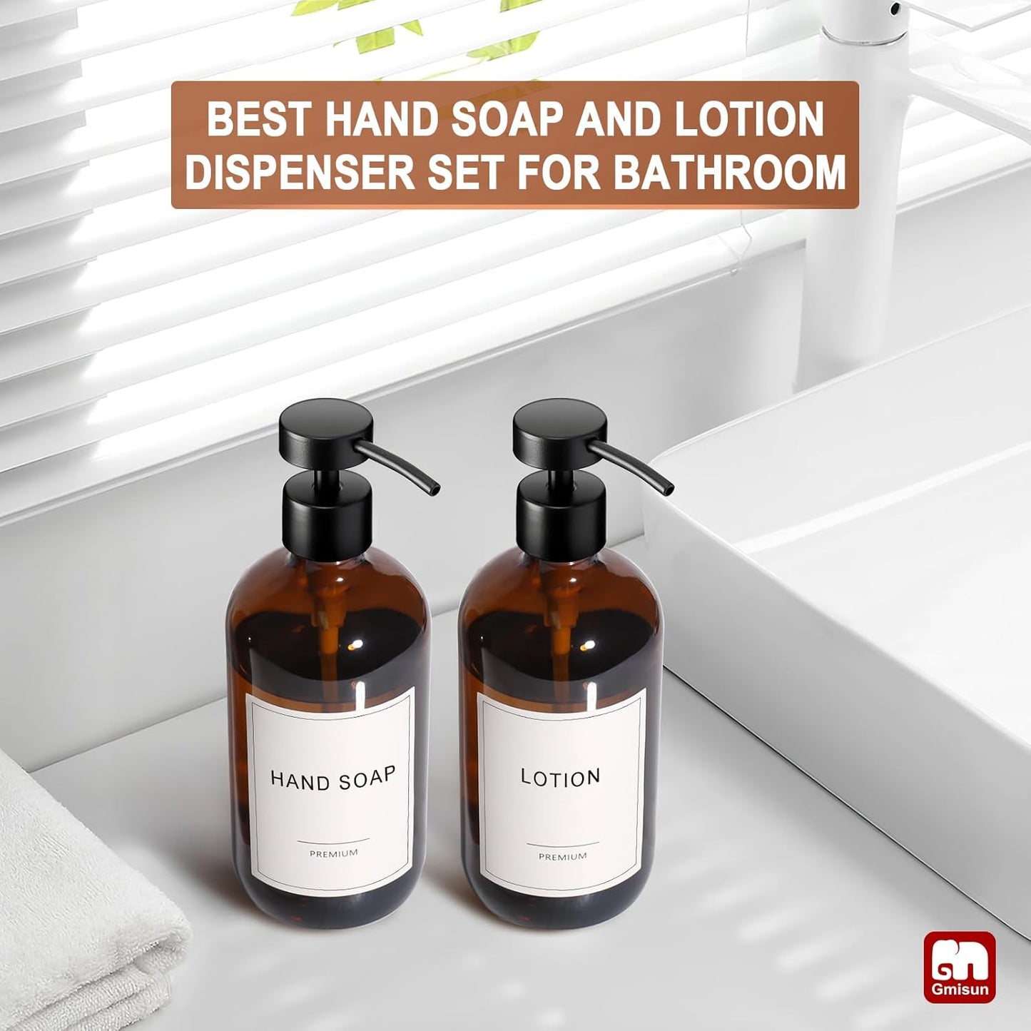 GMISUN Amber Glass Soap Dispenser, 4 Pack Bathroom Hand Soap Dispensers with Stainless Steel Flat Pump, 17 Fl Oz Kitchen Dish Soap Dispenser, Modern Vintage Liquid Brown Soap Dispensers Bottle Set