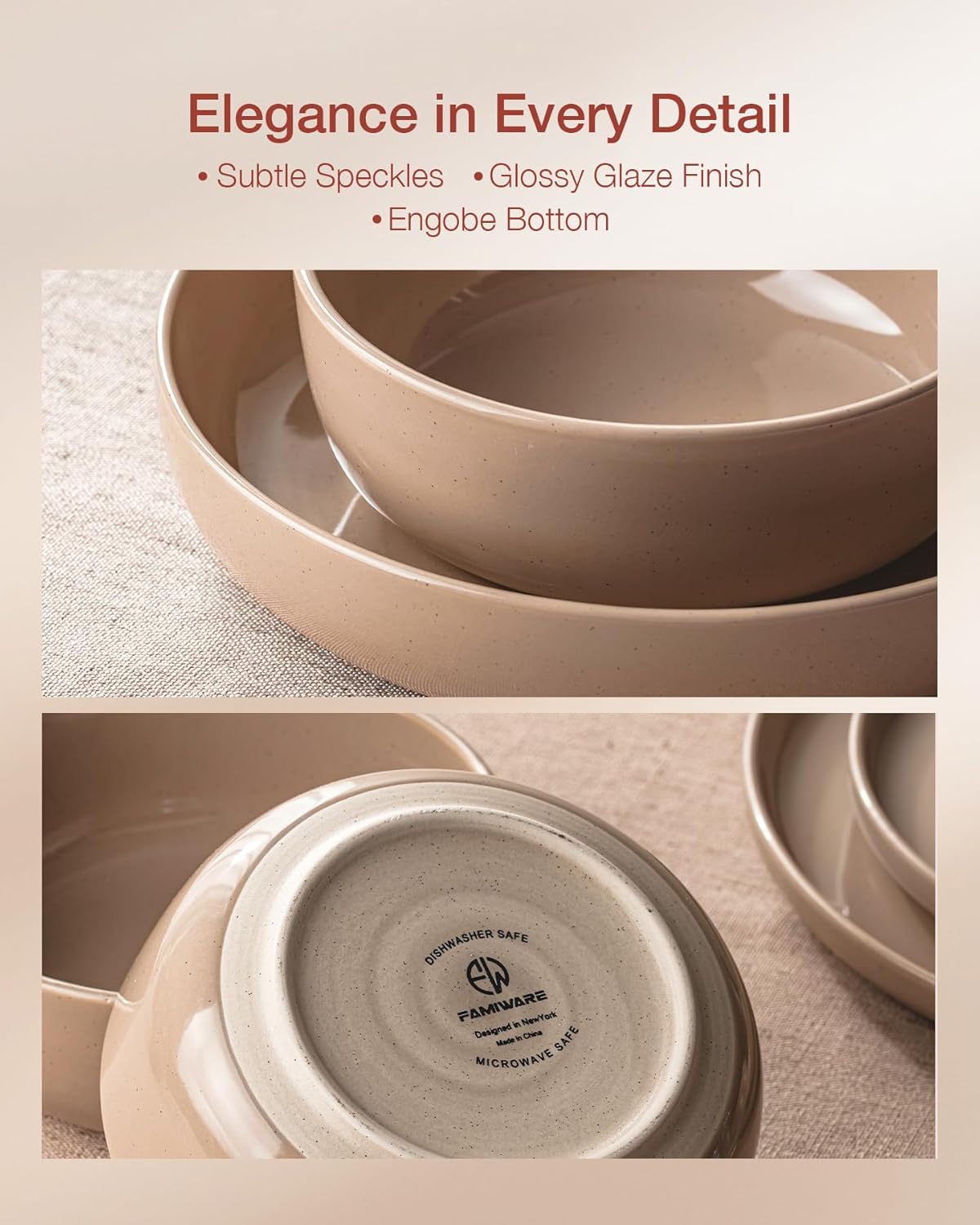 Famiware Milkyway Dinnerware Sets, 24 Piece Dish Set, Plates and Bowls Sets for 8, Cinnamon Brown