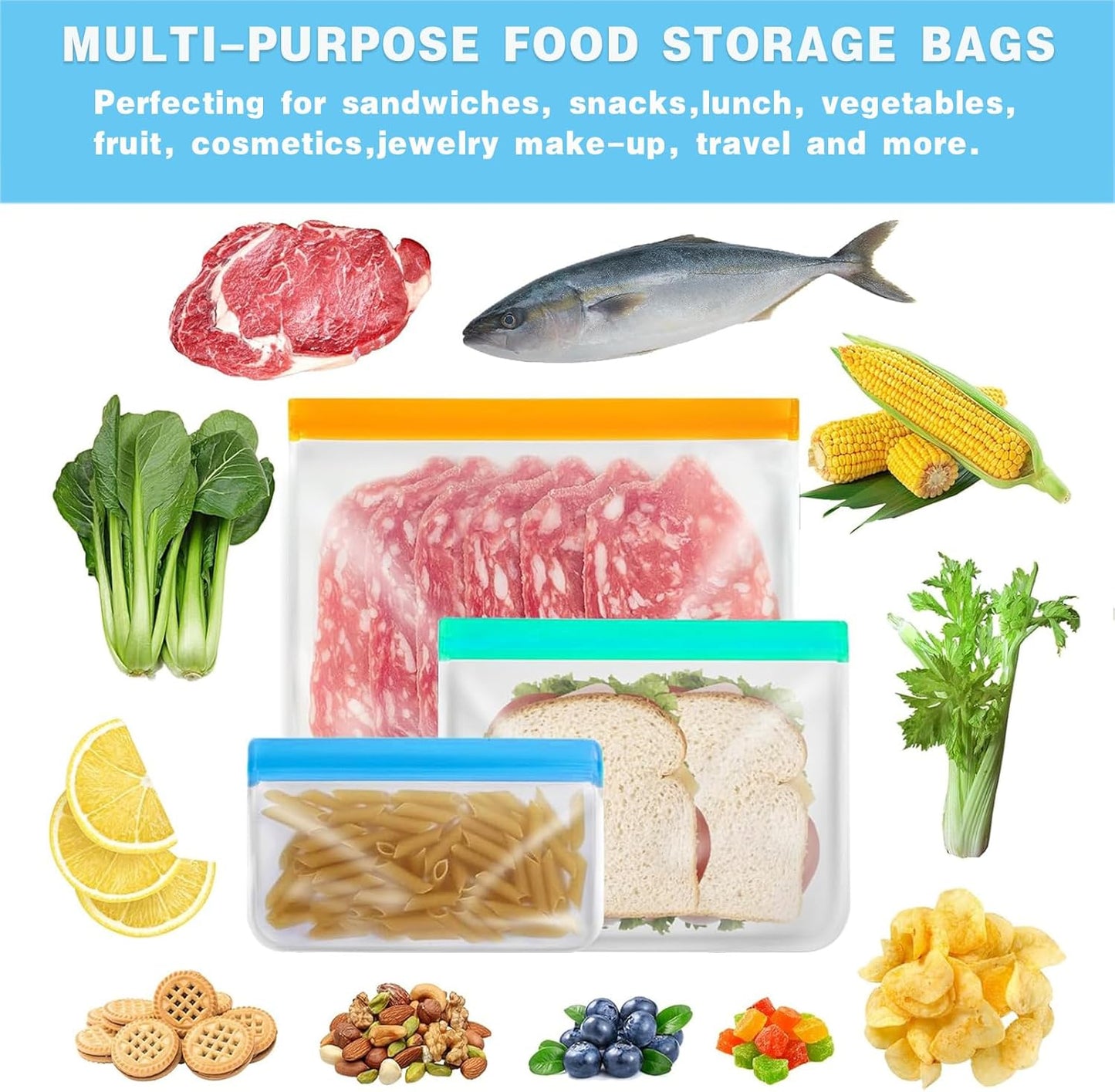 10 Pack Reusable Silicone Bags Dishwasher Safe, BPA Free Reusable Food Storage Bags for Candy, Snack, Cereal, Travel Items, Home Organization