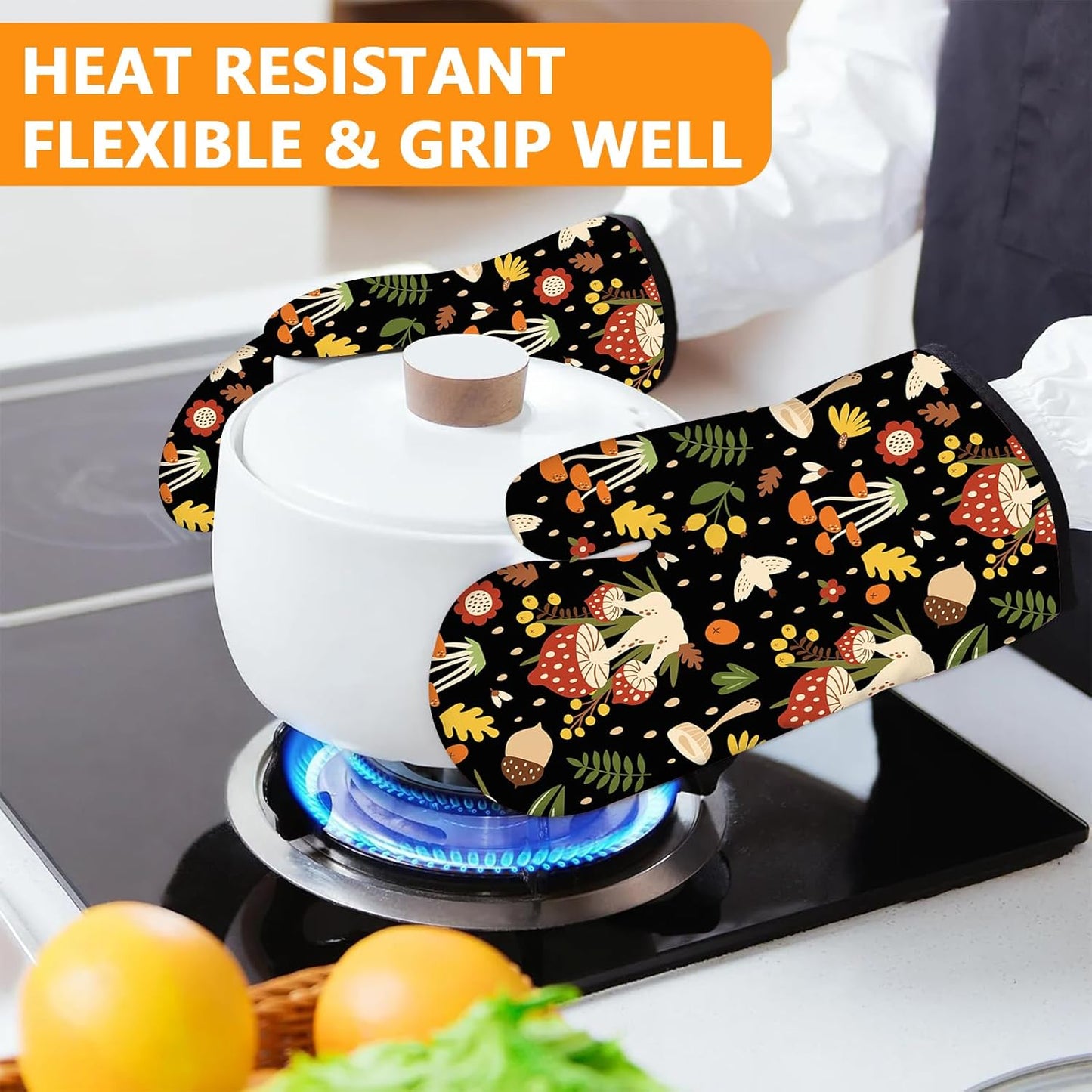 Mushroom Oven Mitts and Pot Holders Sets 4Pcs,Extra Long Oven Gloves Potholder for Kitchen Cooking Baking BBQ 100% Cotton Heat Resistant