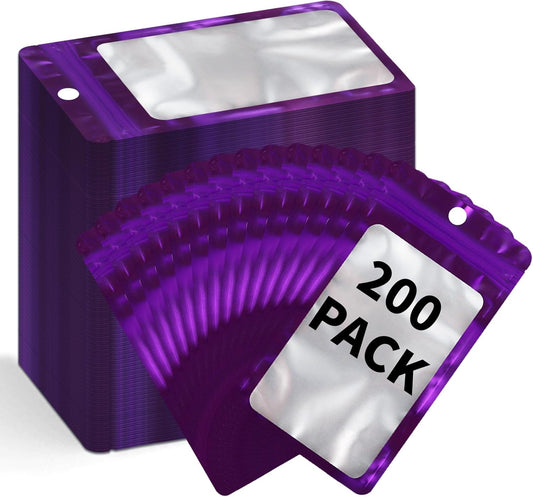 200 Pack Resealable Mylar Holographic Bags Food Storage Smell Proof Bags with Front Window Foil Packaging Pouch for Candy Sample Jewelry Small Business 3.15×5.51 Inch, Purple