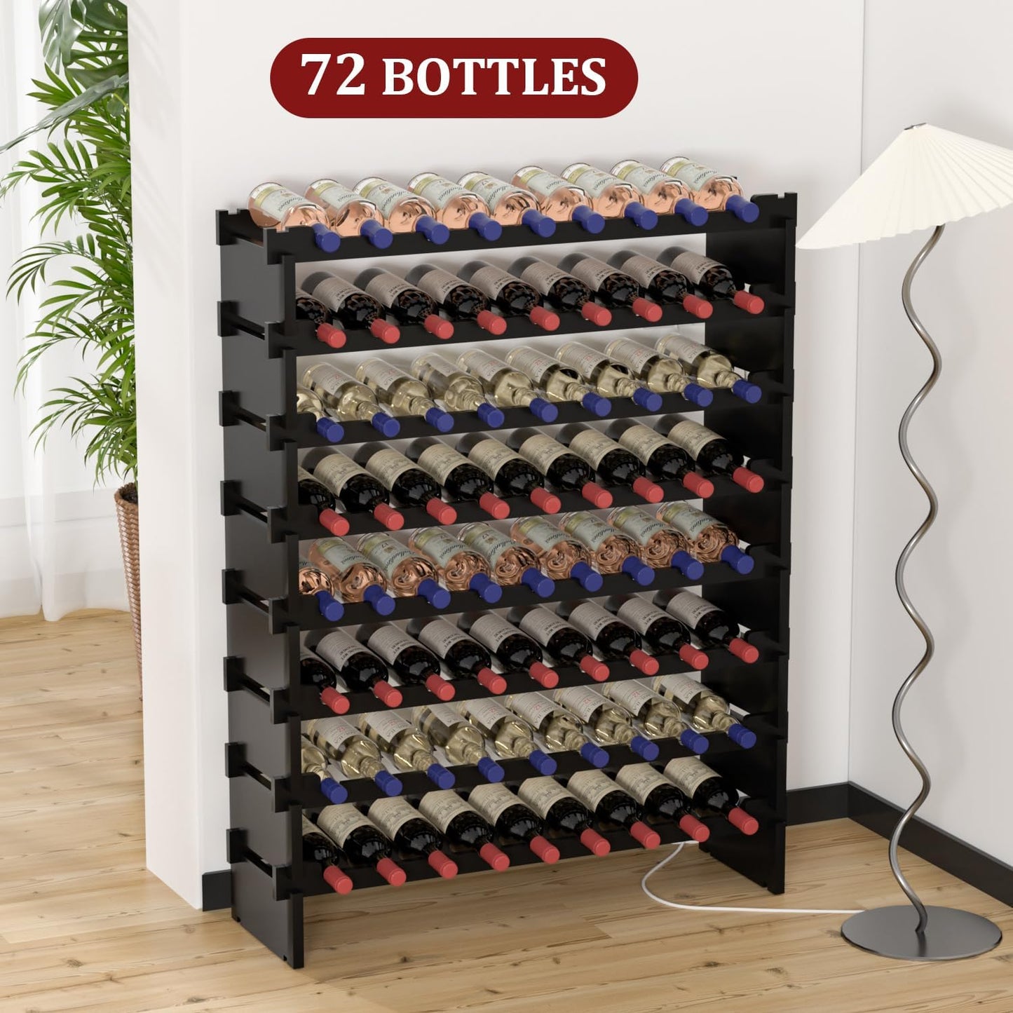 Domax Wine Rack Freestanding Floor - 8 Tiers Wine Bottle Holder 72 Bottle Stackable Bamboo Wooden Storage Racks Shelves for Kitchen, Bar, Pantry and Cellar (Black)