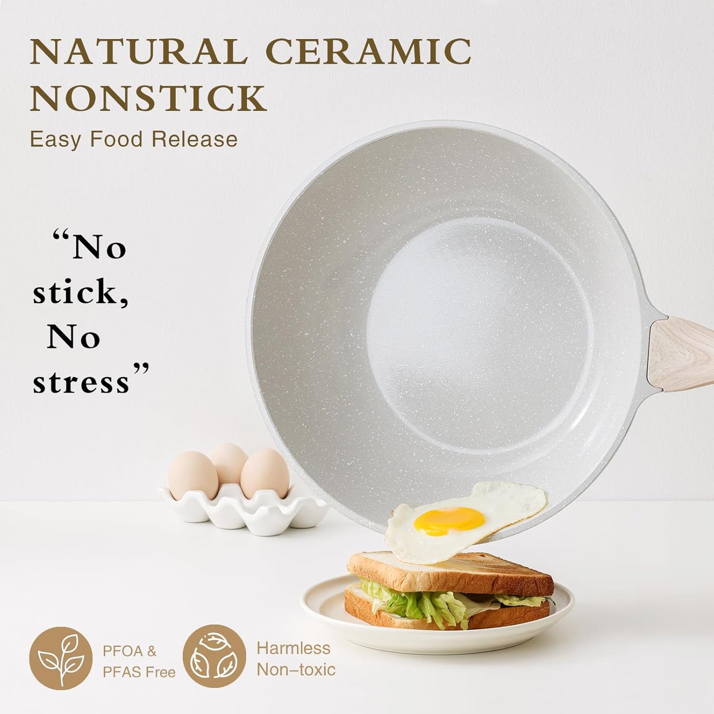 Ceramic Wok Pan, 12 Inch Nonstick Wok with Lid, Healthy Non Toxic Woks & Stir-fry Pans for Cooking, Induction Cookware, PFOA & PFAS Free