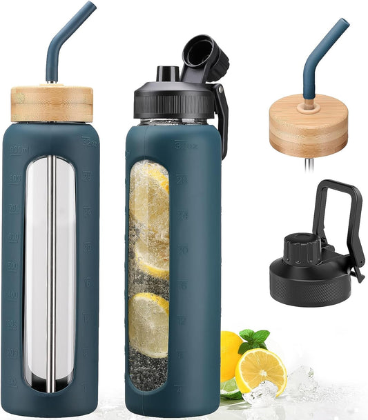 32oz Glass Water Bottle with Straw and 2 Lids- Bamboo Straw and Spout Lid with Phone Holder for Gym, Glass Drinking Bottles with Silicone Sleeve and Motivational Time Marker, Dark Blue
