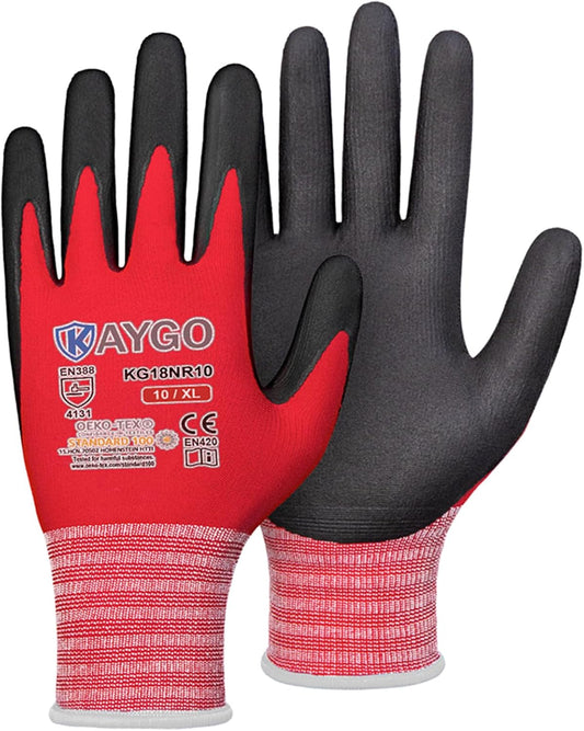 KAYGO Safety Work Gloves MicroFoam Nitrile Coated-3 Pairs, KG18NB,Seamless Knit Nylon Glove with Black Micro-Foam Nitrile Grip,Ideal for General Purpose,Automotive,Home Improvement,Red X-large