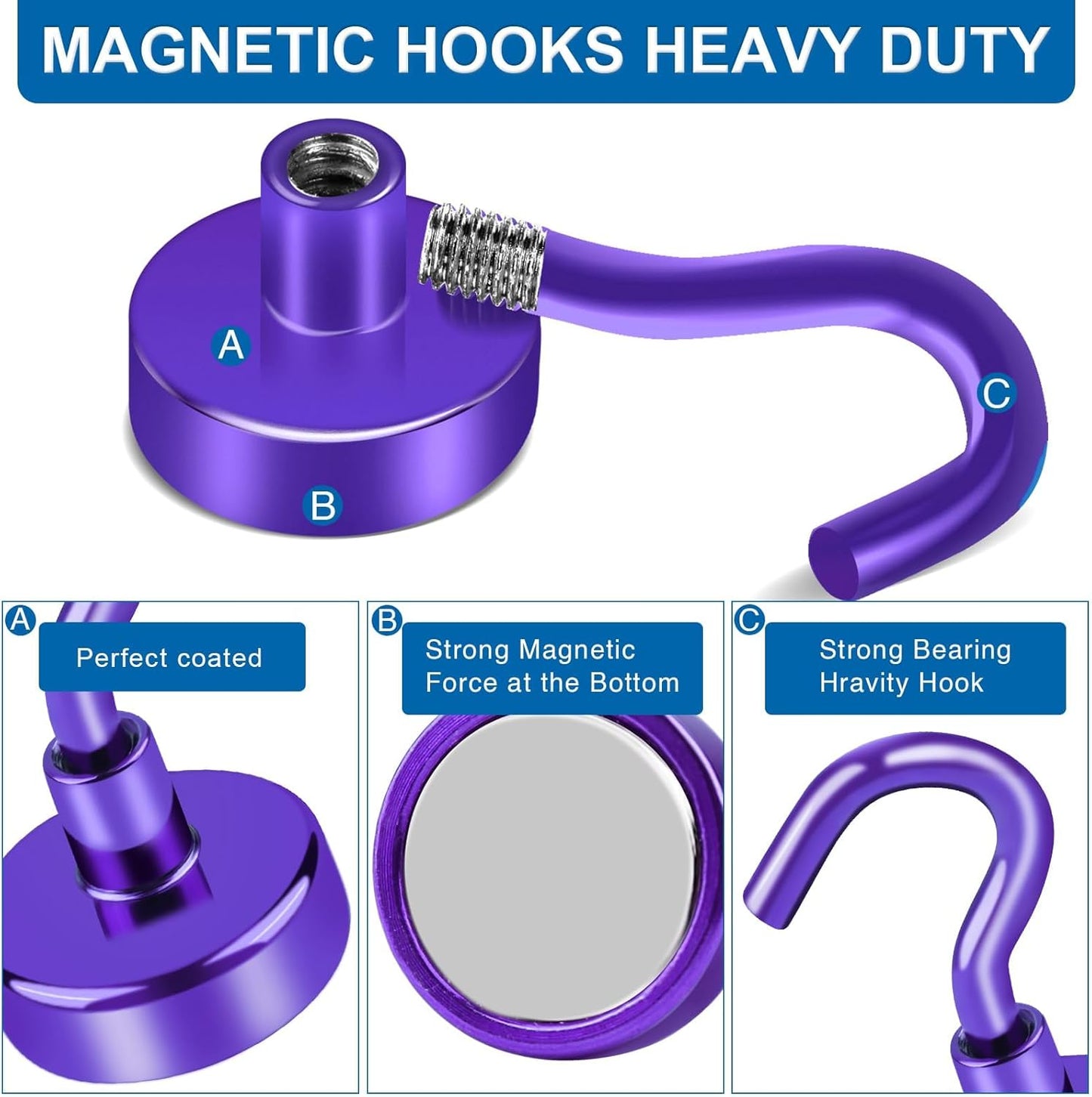 LOVIMAG Strong Magnet Hooks, 150Lbs Metal Heavy Duty, Purple with Hooks for Hanging, Cruise Cabins, Refrigerator - 4 Pack