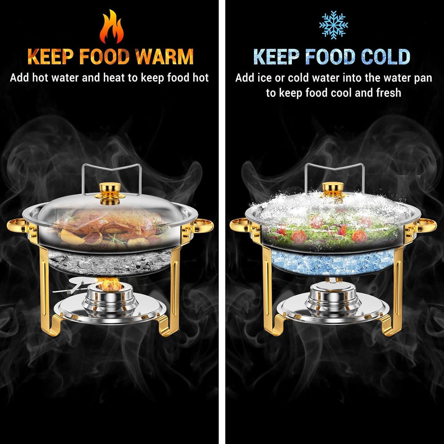 Round Chafing Dishes for Buffet 5 Qt,High Grade Chafing Dish Buffet Set, Full Size Pan,Rolled-Edge Design Food Warmers for Parties,Buffet,Wedding,Birthday,Camping 4 PACK (Half Gold)