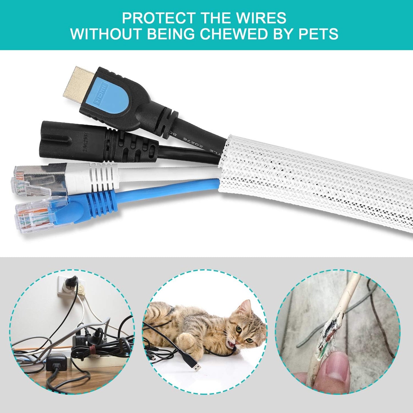 20ft - 1/2 inch White Cable Sleeve, Cable Organizer for Desk PC TV Computer, Wire Protector Cable Wrap Cover, Cord Management for Home Office