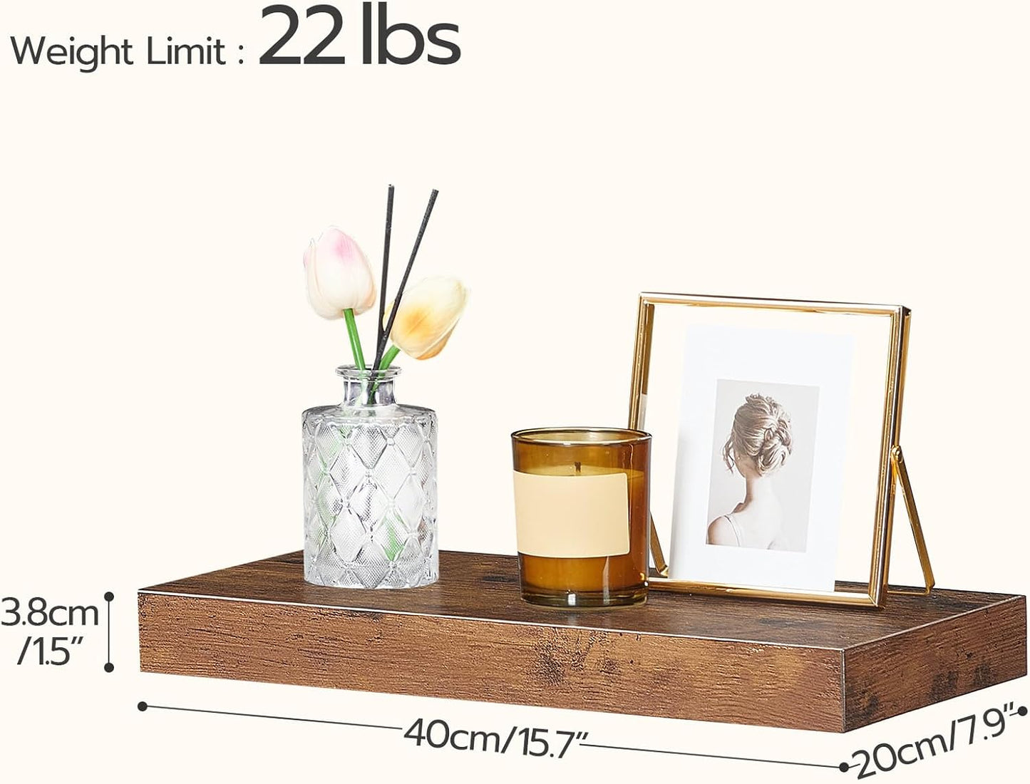 HOOBRO Floating Shelves for Wall, Wall Mounted Shelf Set of 2, 15.7" Hanging Shelf with Invisible Brackets, for Wall in Bathroom, Bedroom, Toilet, Kitchen, Living Room, Office, Rustic Brown BF40BJ01