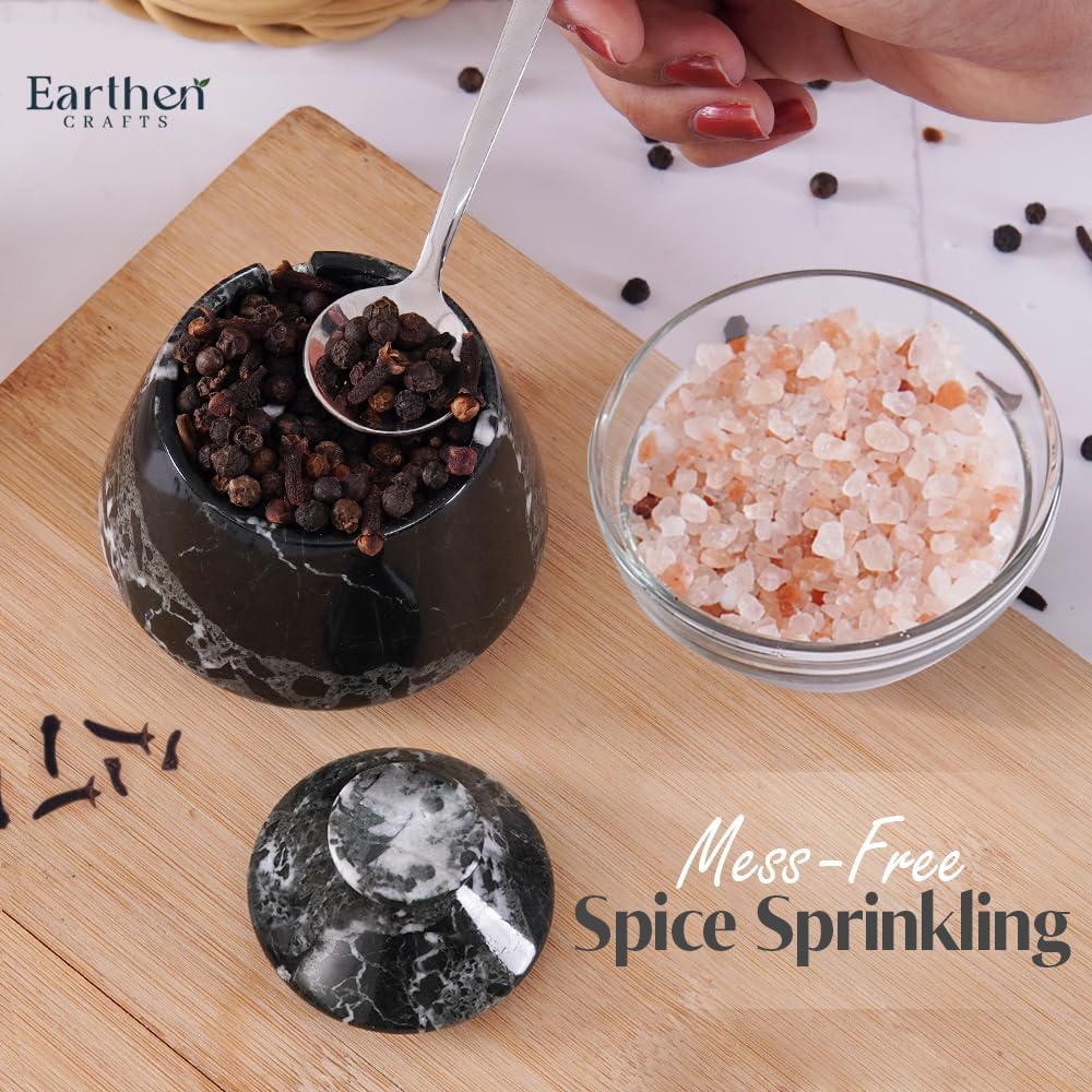 Marble Salt Cellar with Lid & Spoon Black Zebra 3" Inches Stone Salt Holder for Counter, Salt and Spice Jar Seasoning Containers