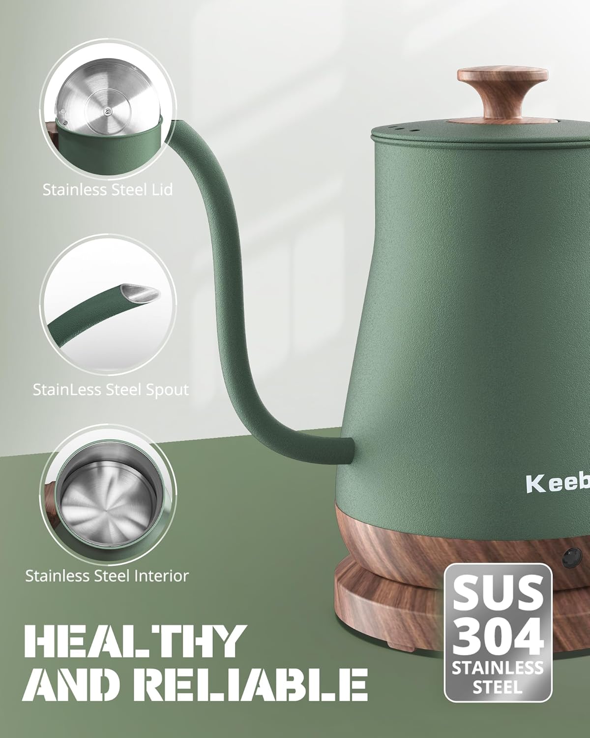 Gooseneck Electric Kettle, Electric Tea Kettle Stainless Steel, Pour over kettle for Coffee, 1000W Hot Water Kettle Electric Auto Shut Off, 0.8L, Wood-like Grain Finish Handle, Matcha Green