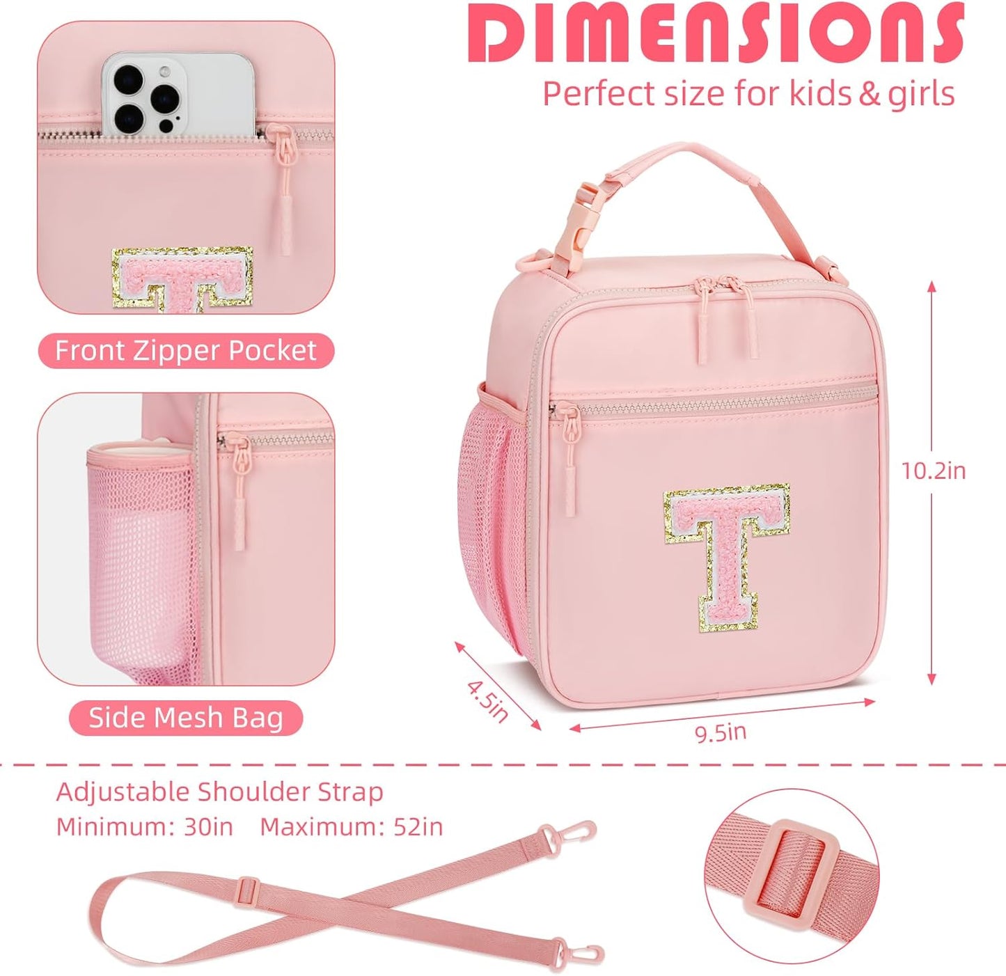 Initial Insulated Lunch Bag for Girls Kids, Back to School Gift, Reusable Leak-proof Lunch Box with Adjustable Strap for School Daycare Travel Picnic (Pink,T)