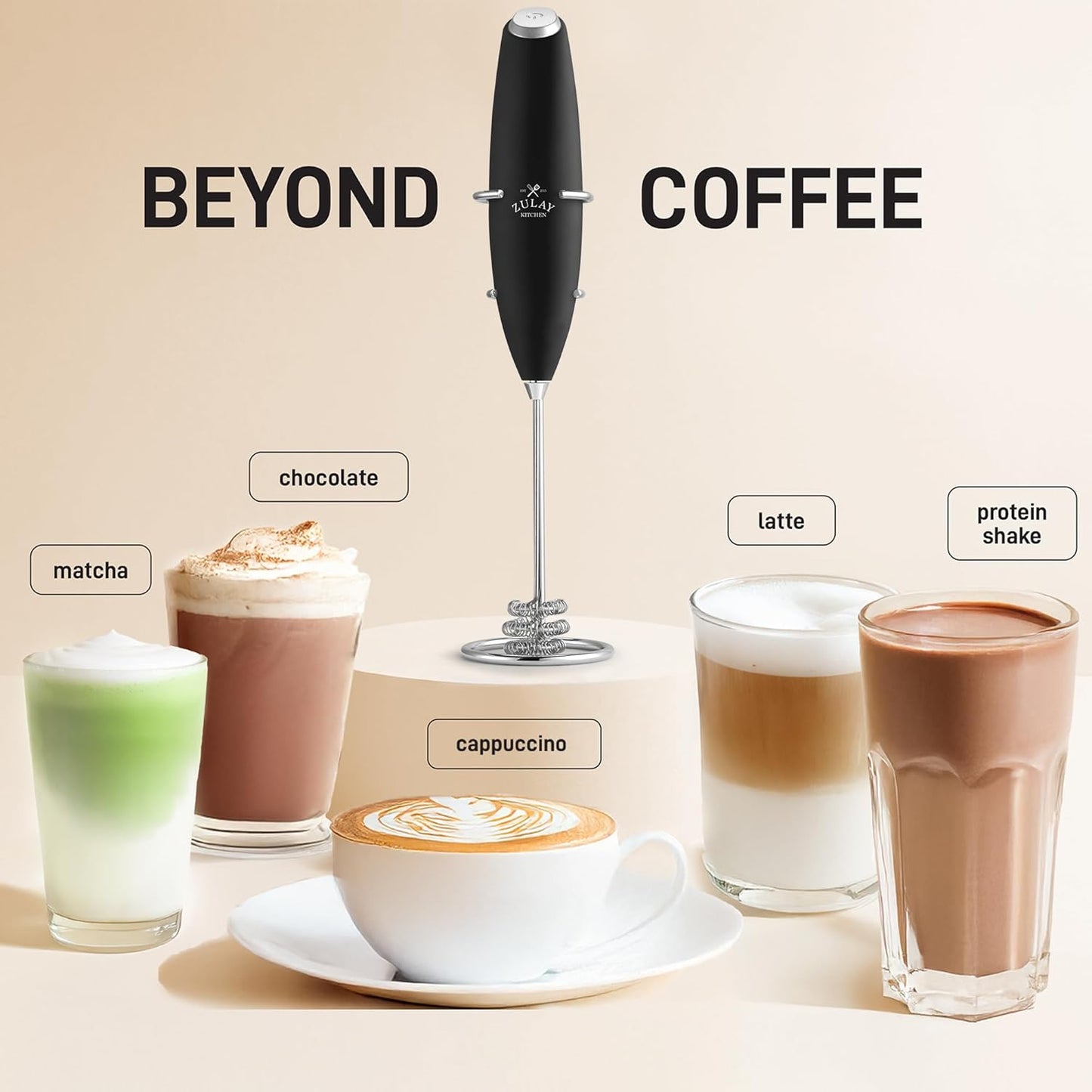 Zulay Kitchen Patented Tornado Triple Whisk Milk Frother with 4 Duracell Batteries – Handheld Foam Maker for Coffee, Lattes, Matcha & Hot Chocolate – Rich, Creamy Froth in Seconds
