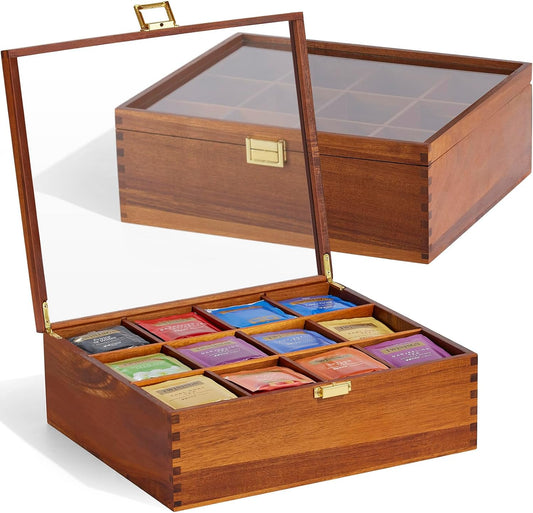 Tea Bag Organizer, Acacia Wood Tea Organizer Box, 12 Compartments Tea Organizer for Tea Bags with Clear Glass Window, Tea Bag Holder for Countertop Kitchen Cabinet Pantry - Keeps Tea Bags Fresh