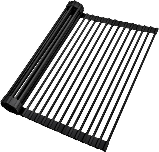 Ohuhu Over The Sink Dish Drainer Drying Rack, 17.6" W x 15.4" L Roll Up Dish Racks Kitchen Sink Organizer Silicone Wrapped Large in Sink Dish Drying Rack Foldable Rolling Drain Mats Anti-Slip