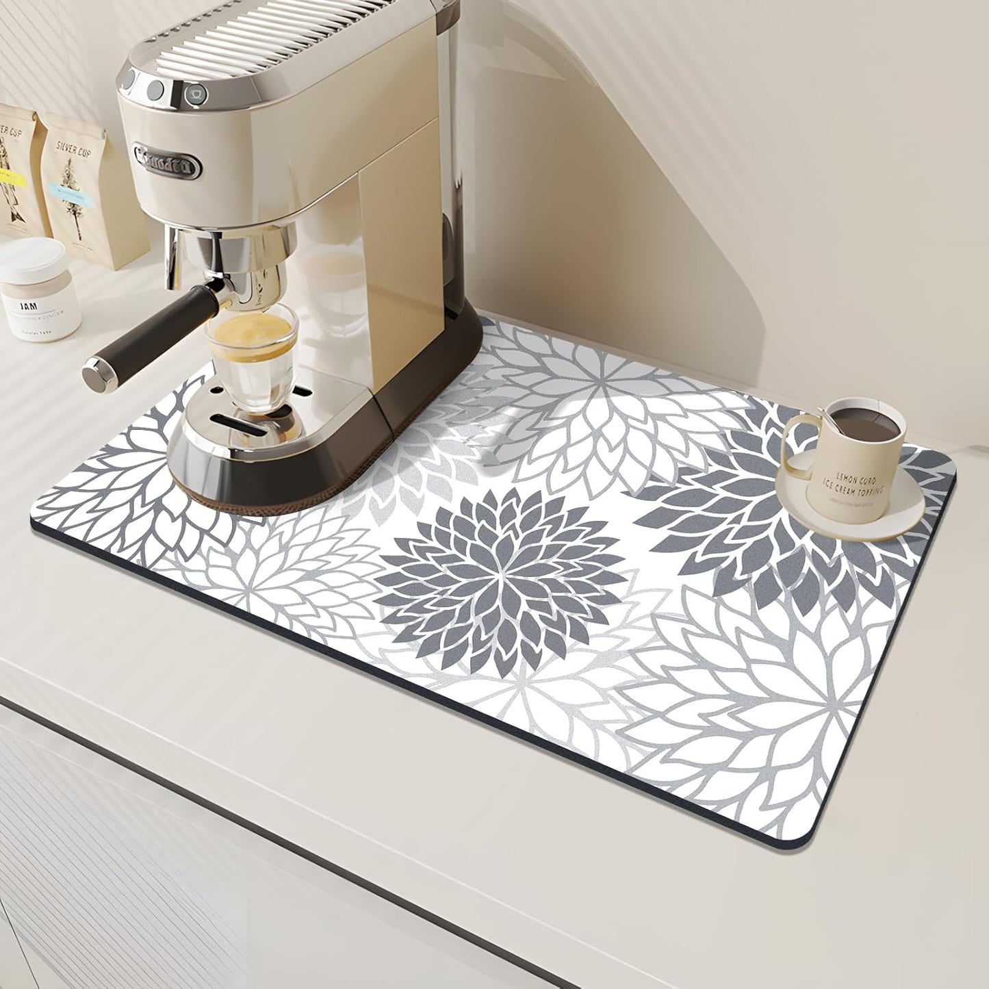 Findosom 2PCS 12" x 20" Dish Drying Mat & 24" x 5.5" Sink Splash Guard, Super Absorbent & Cuttable Dish Mat Drying Kitchen Mat with Gray Floral, Hide Stain Drying Mat for Kitchen Counter