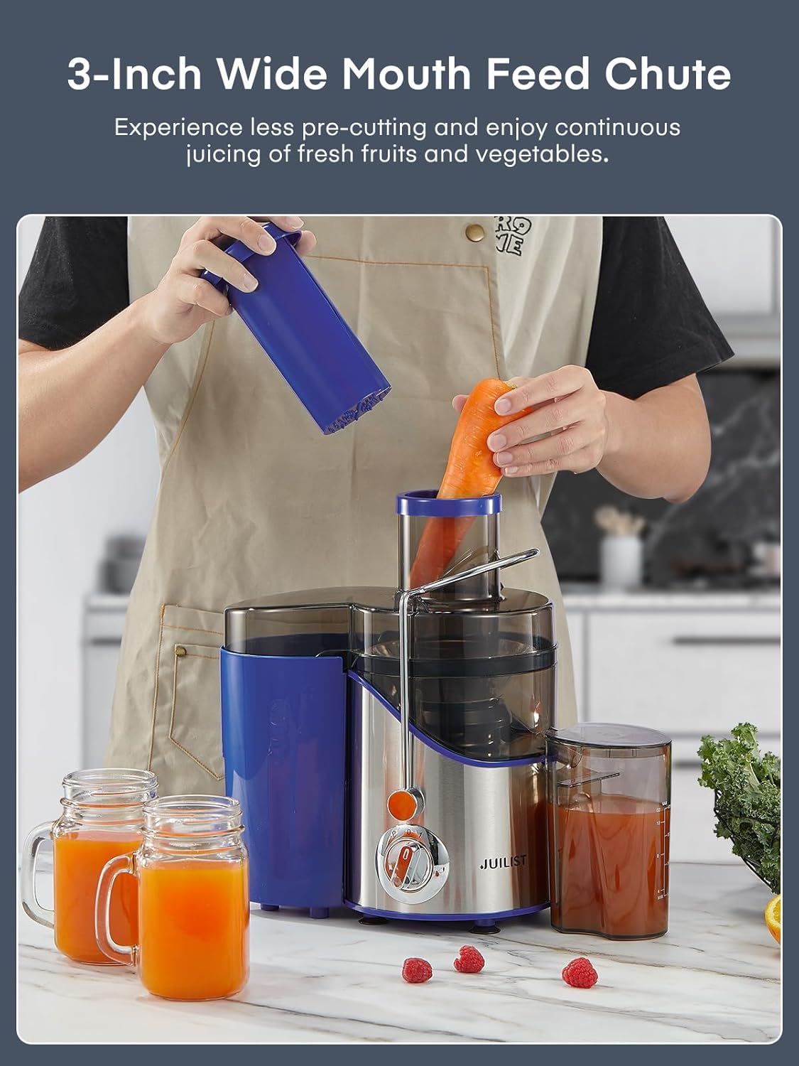 Juicer Machines, Juilist 3" Wide Mouth Juicer Extractor, for Vegetable and Fruit with 3-Speed Setting, 400W Motor, Easy to Clean, Blue