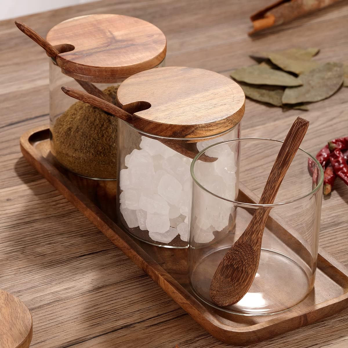 3 Pack 250ml / 8.5oz Clear Glass Spice Jar with Acacia Wooden Lid and Spoon, Classic Style, Kitchen Storage Container, 3.2 inches (diameter) x 3.5 inches (height)
