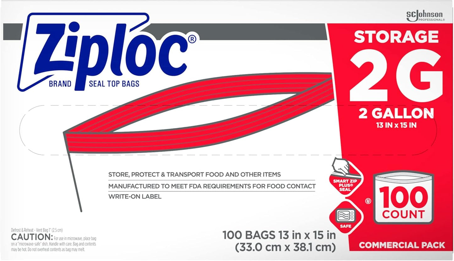 SC Johnson Professional Ziploc Storage Bags, For Food Organization and Storage, Double Zipper, 2 Gallon, 100 Count
