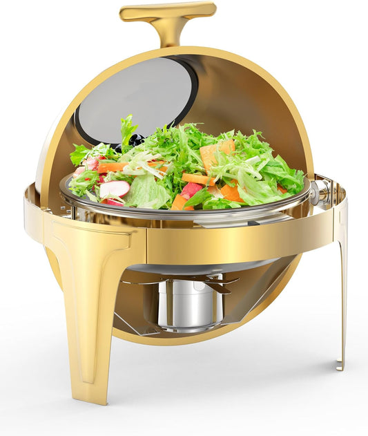 Roll Top Chafing Dish Buffet Set, 6.3 Qt Round Chafing Dish for Buffet, Stainless Steel Food Warmer Chafer with Glass Window Full Size Food Pan for Catering Parties Banquets