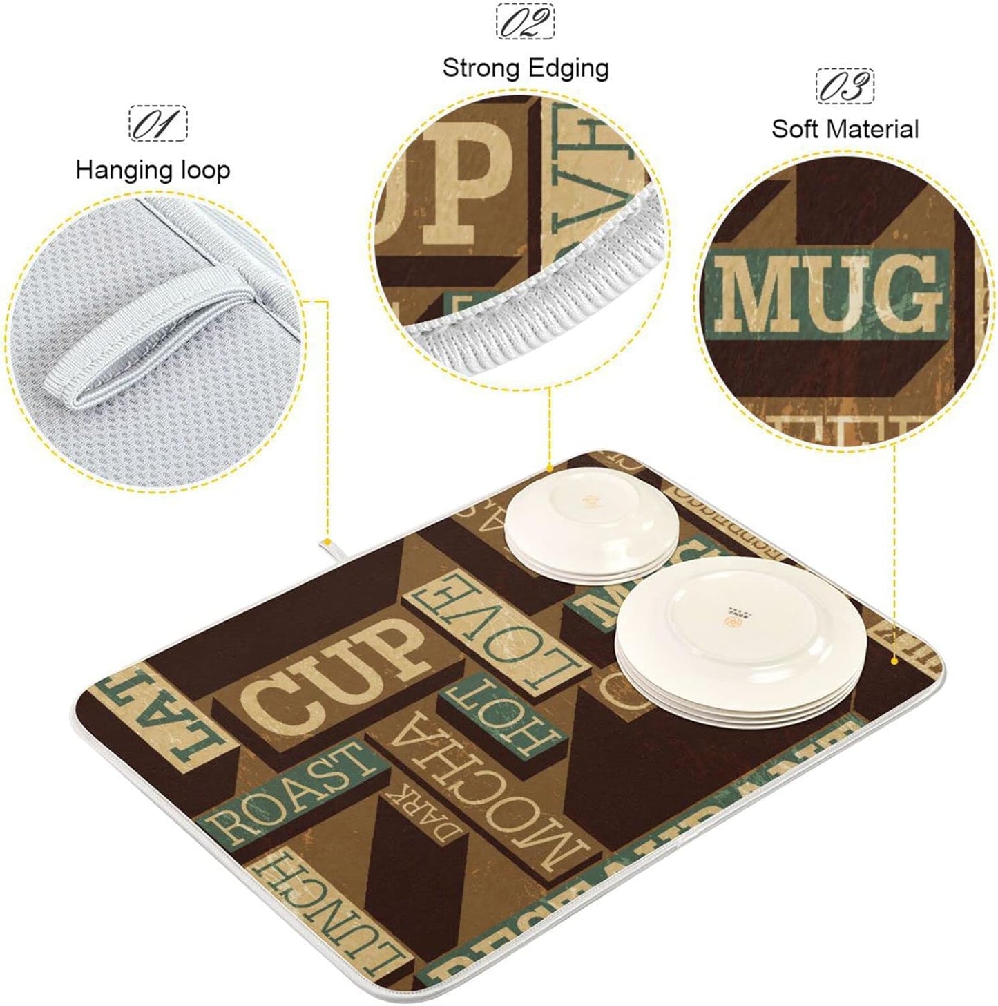 senya Super Absorbent Dish Drying Mat, Microfiber Fast-Drying 24'' x 18'', Kitchen Pad, Coffee Themed Seamless Retro