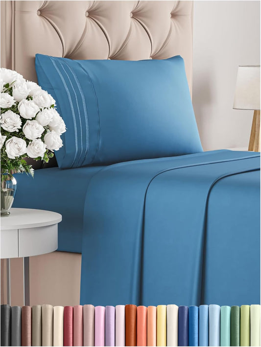 Twin XL Size 3 Piece Sheet Set - Comfy Breathable & Cooling Bed Sheets Set - Hotel Luxury Bedding for Women, Men, Kids, Teens, Boys & Girls - Deep Pockets, Soft, Wrinkle Free - Oeko-Tex - Denim Blue