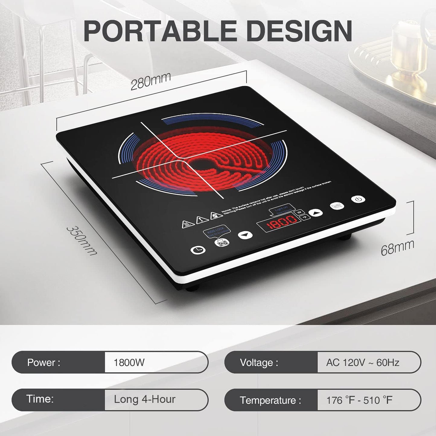 Electric Cooktop 110v,Single Burner Electric Stove Infrared Cooktop Hot Plate 1800W,4-Hour Setting,Black Crystal Glass Surface Compatible for All Cookware